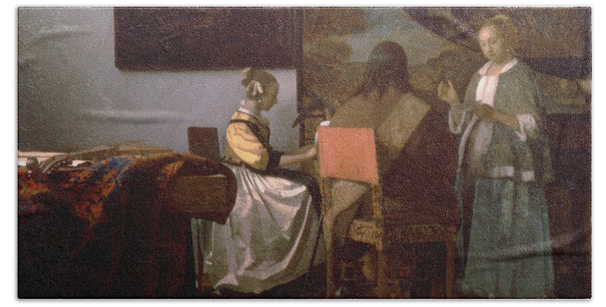 Jan Vermeer Bath Towel featuring the painting The Concert by Jan Vermeer