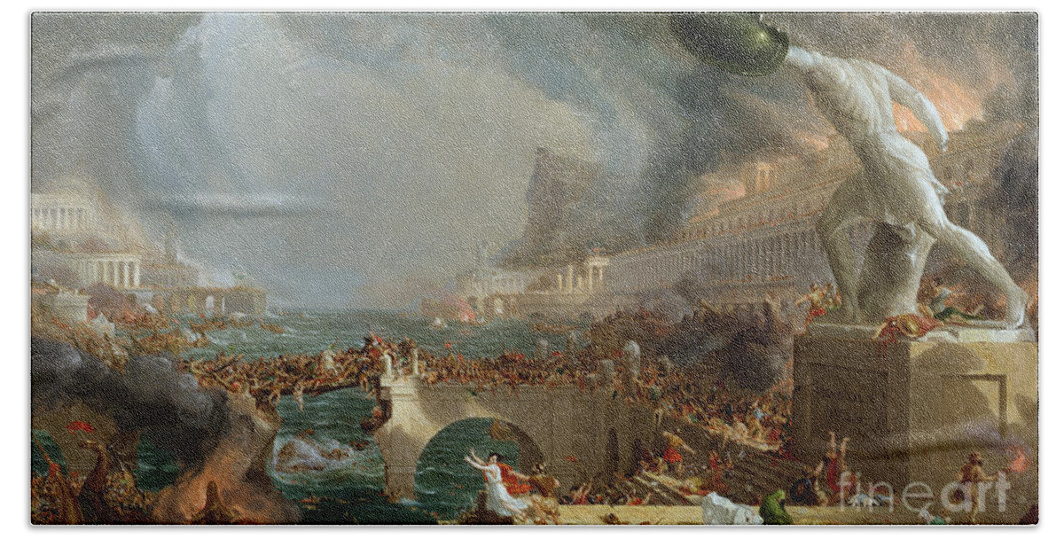Destroy; Attack; Bloodshed; Soldier; Ruin; Ruins; Shield; Monument; Bridge; Classical Architecture; Galleon; Barbarian; Barbarians; Possibly Fall Of Rome; Hudson River School; Statue Hand Towel featuring the painting The Course of Empire - Destruction by Thomas Cole