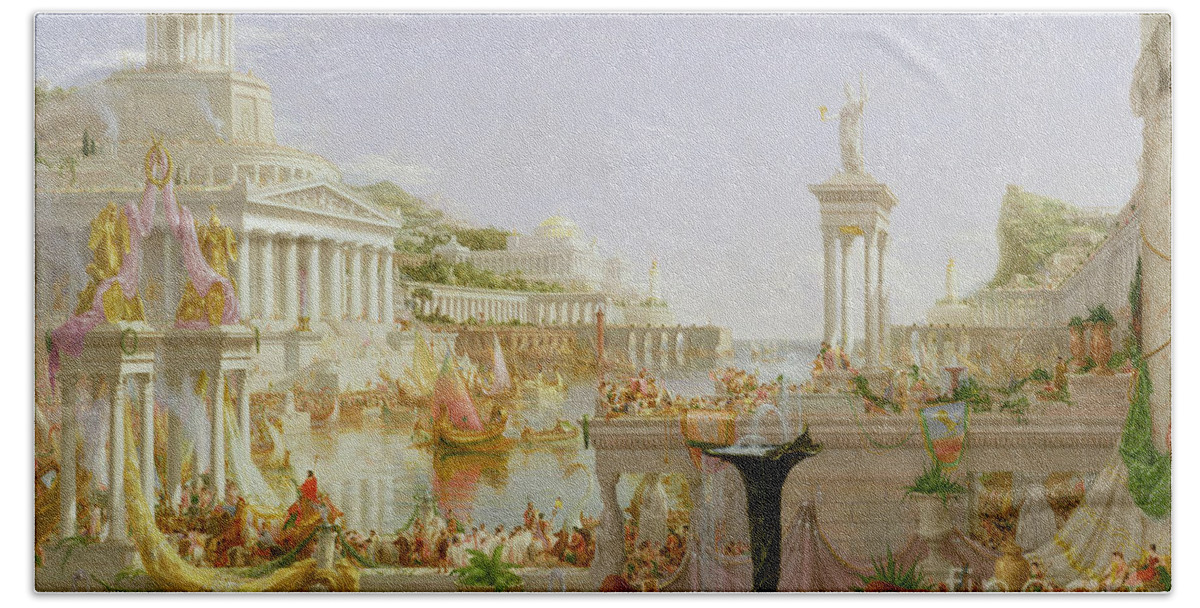 Civilisation; Ideal; Classical; Monument; Architecture; Column; Fountain; Hudson River School; The Course Of Empire: The Consummation Of The Empire Bath Sheet featuring the painting The Course of Empire - The Consummation of the Empire by Thomas Cole