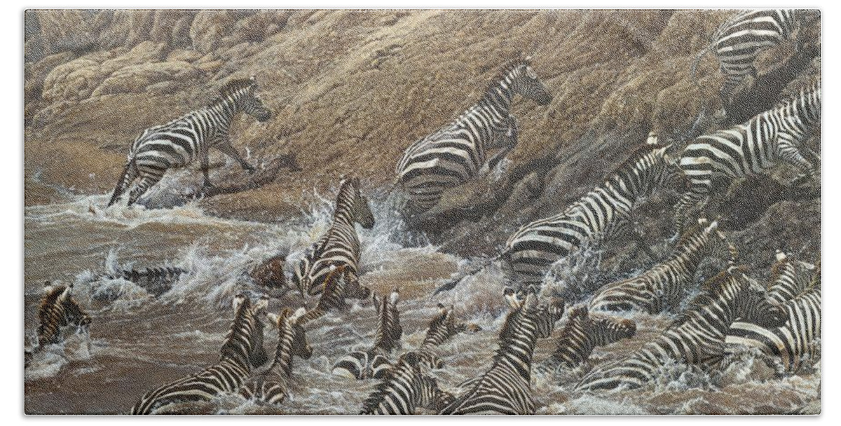 Wildlife Paintings Hand Towel featuring the painting The Crossing - Zebra Migration by Alan M Hunt