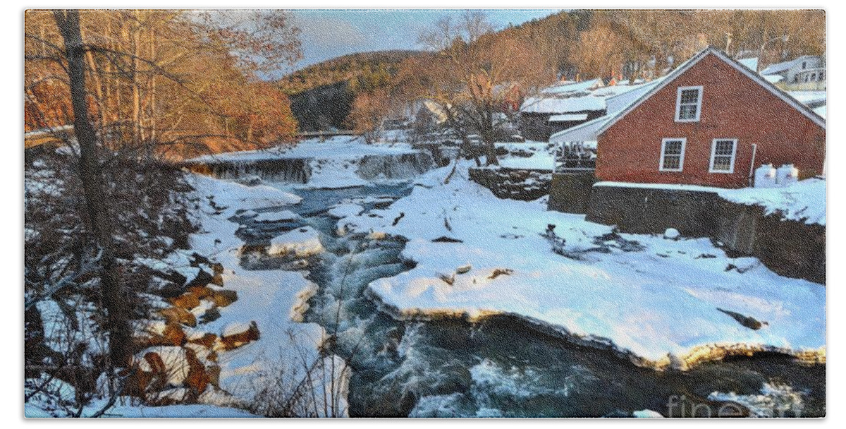 Snow Bath Towel featuring the photograph The Dam and the Blacksmith Shop by Steve Brown