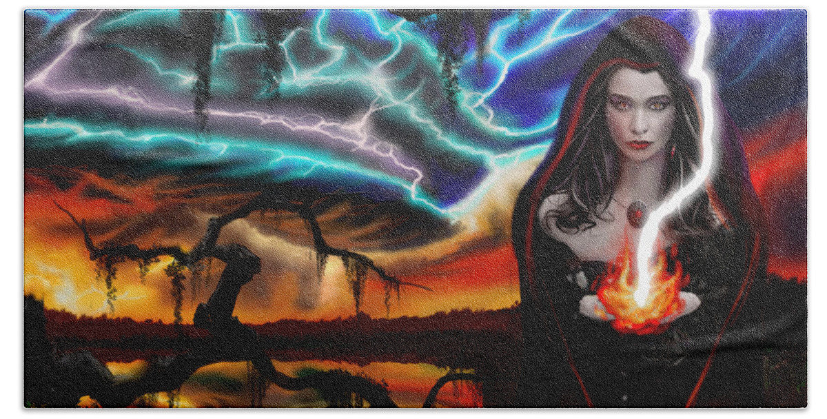Copyright 2015 James Christopher Hill Hand Towel featuring the painting The Dark Caster Calls The Storm by James Hill