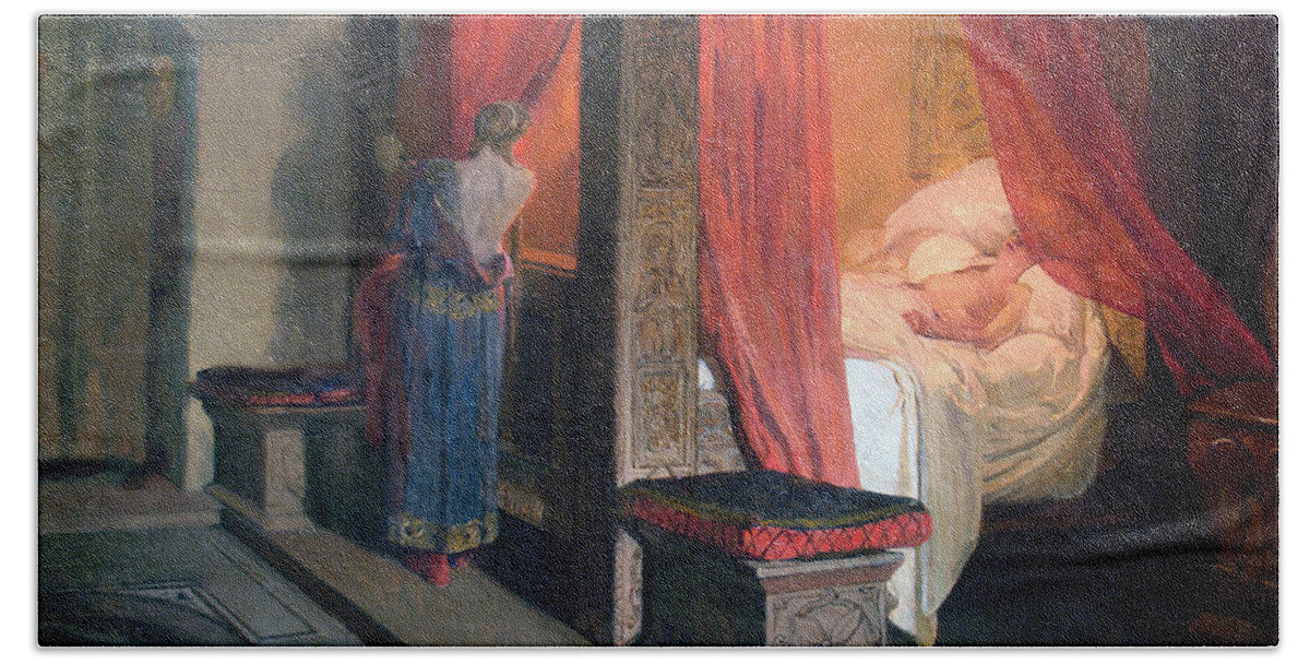 Jean-paul Laurens Bath Towel featuring the painting The Death of Galswintha by Jean-Paul Laurens
