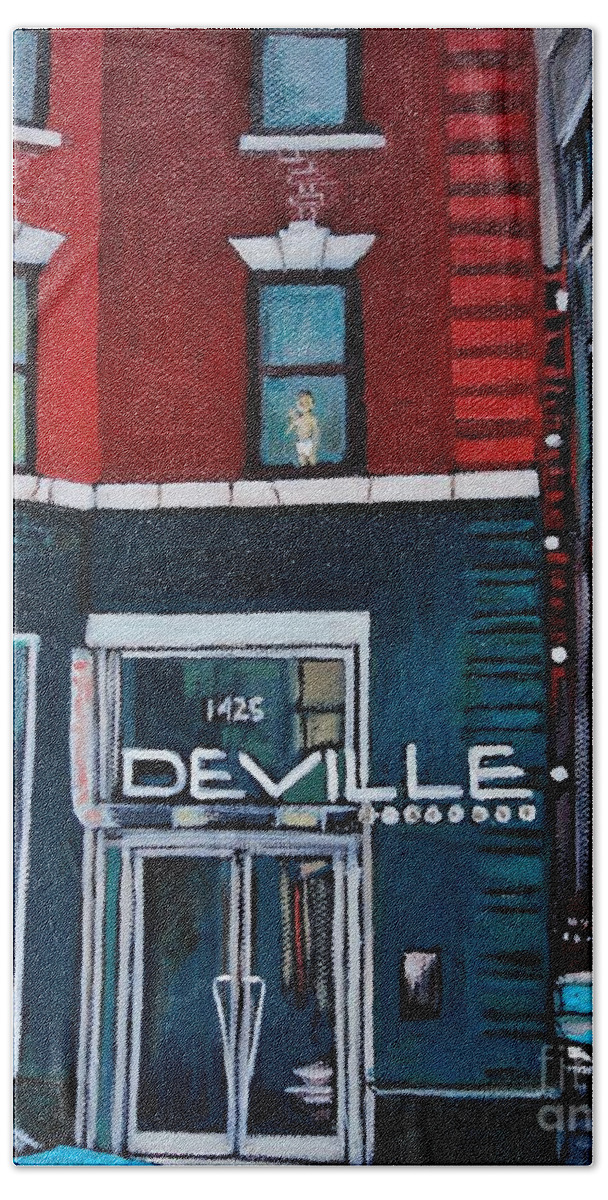 Montreal Hand Towel featuring the painting The Deville by Reb Frost