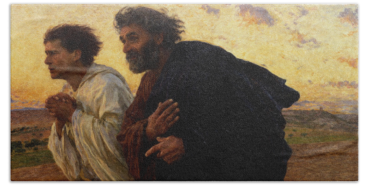 The Hand Towel featuring the painting The Disciples Peter and John Running to the Sepulchre on the Morning of the Resurrection by Eugene Burnand