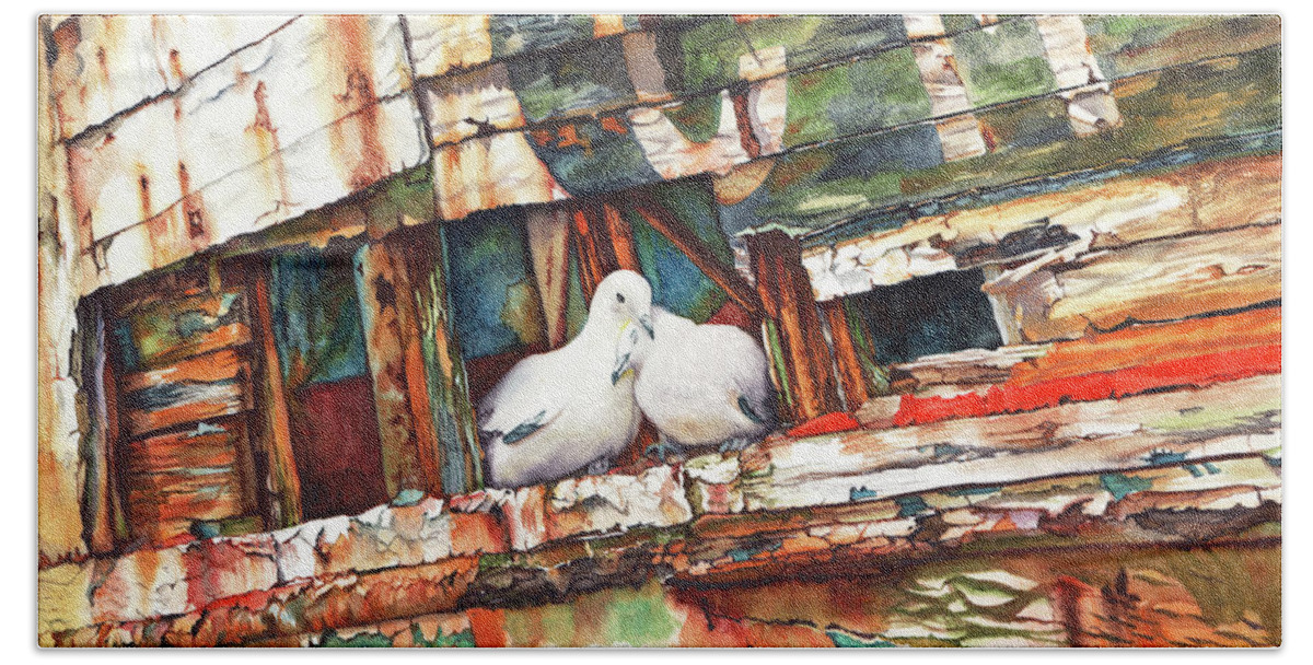 Birds Bath Towel featuring the painting The Dove Boat by Peter Williams