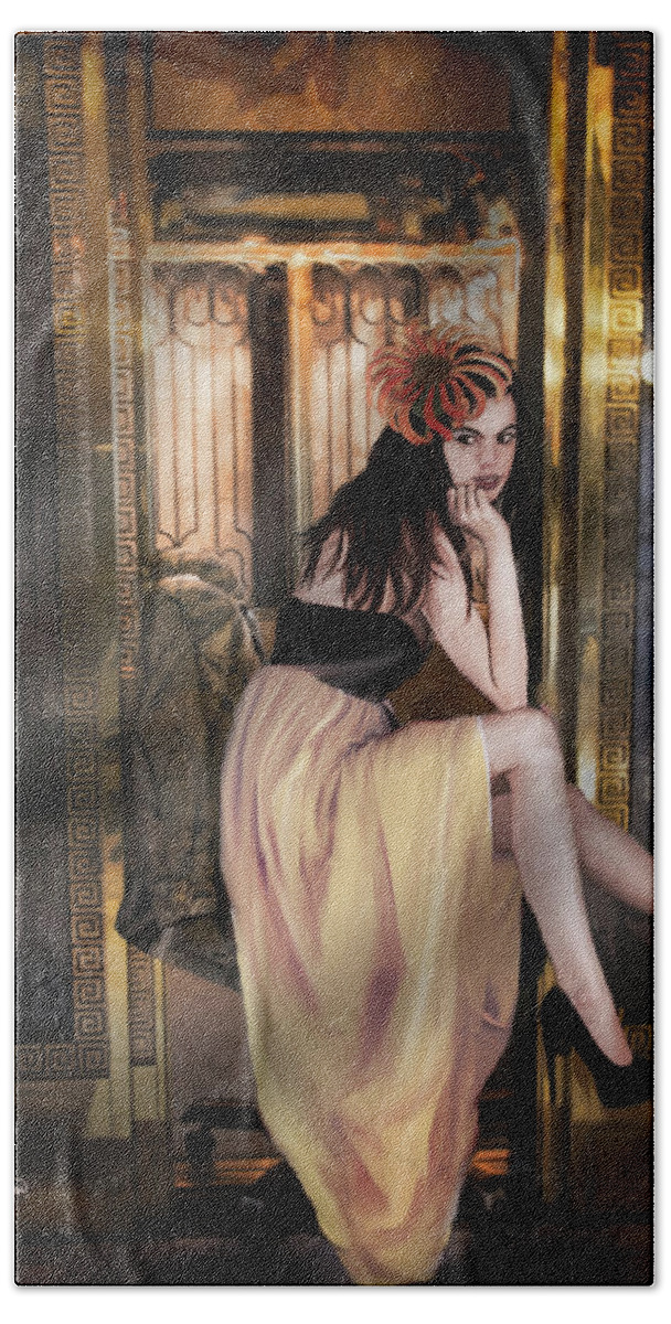 Elevator Bath Towel featuring the photograph The Elevator Girl by Sandra Schiffner