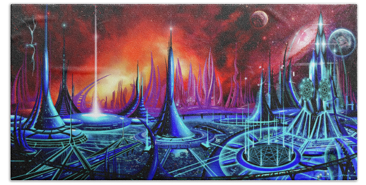 Copyright 2016 - James Christopher Hill; Sunrise; Sunset; Power; Galaxy; Ancient; Power; Castle; Fantasy Moon; Planet; Space; Time; Castle; Sacred Geometry; Pi Hand Towel featuring the painting The Enneanoveum by James Hill