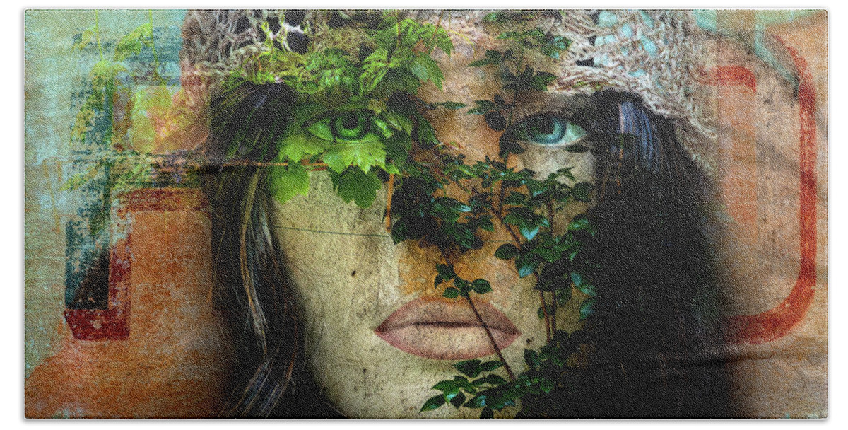 Face Bath Towel featuring the digital art The face with the green leaves by Gabi Hampe