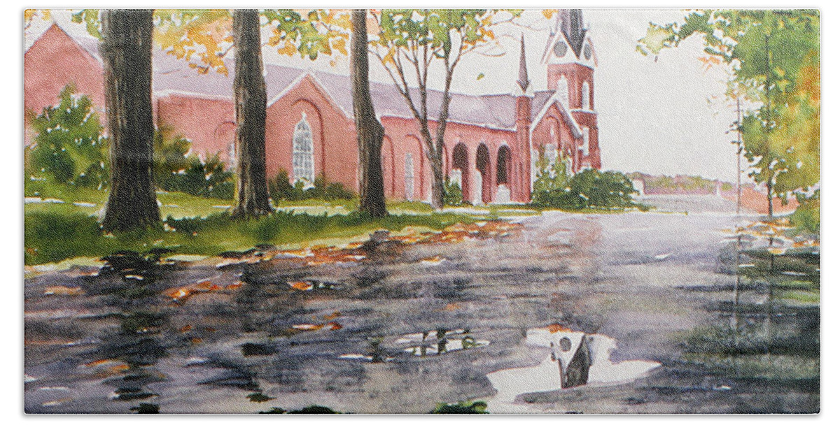 Chagrin Falls Hand Towel featuring the painting The Federated Church by Maryann Boysen