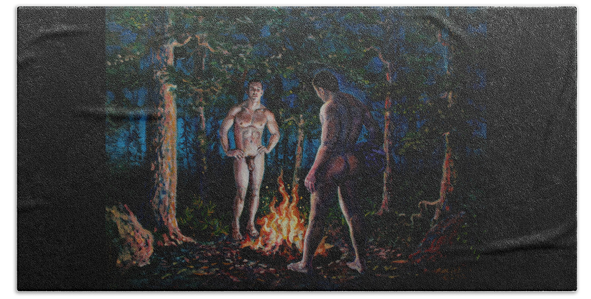 Camping Bath Towel featuring the painting The Fire Between Them by Marc DeBauch