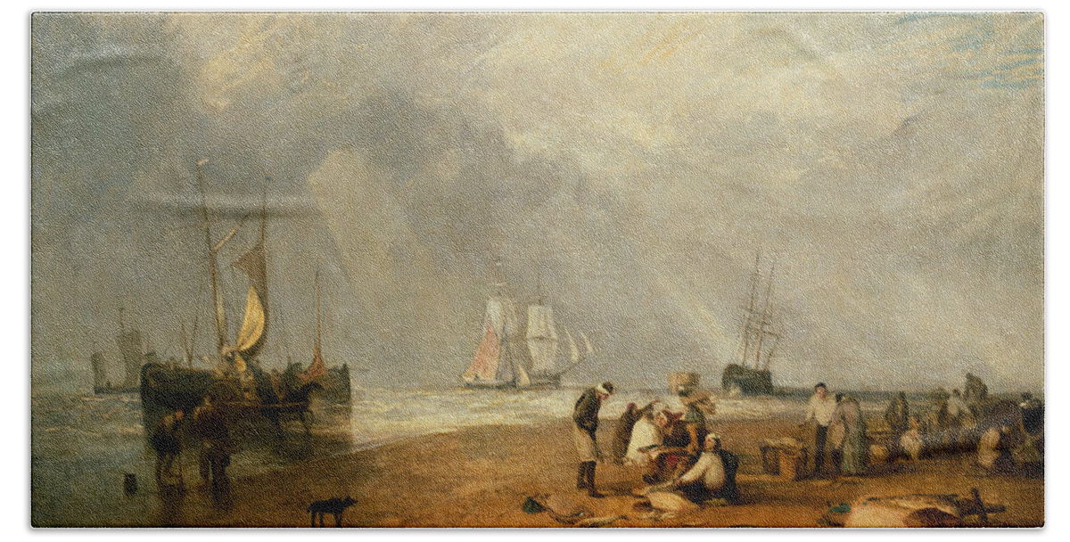 19th Century Art Bath Towel featuring the painting The Fish Market at Hastings Beach by Joseph Mallord William Turner