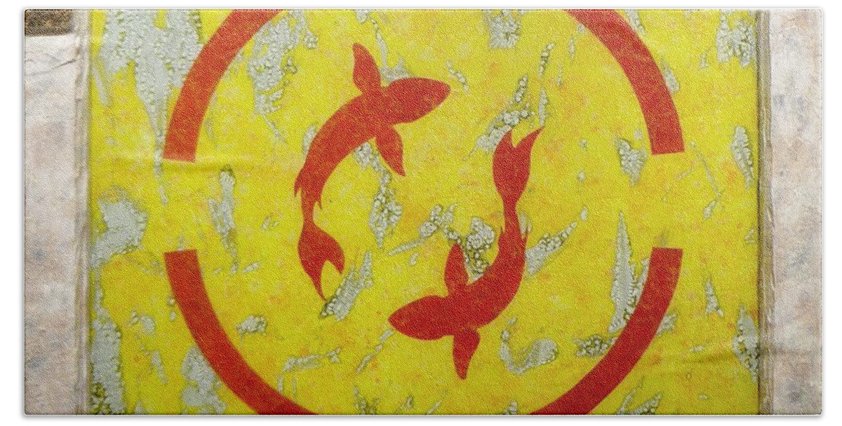 Yellow Hand Towel featuring the glass art The Fishes by Christopher Schranck