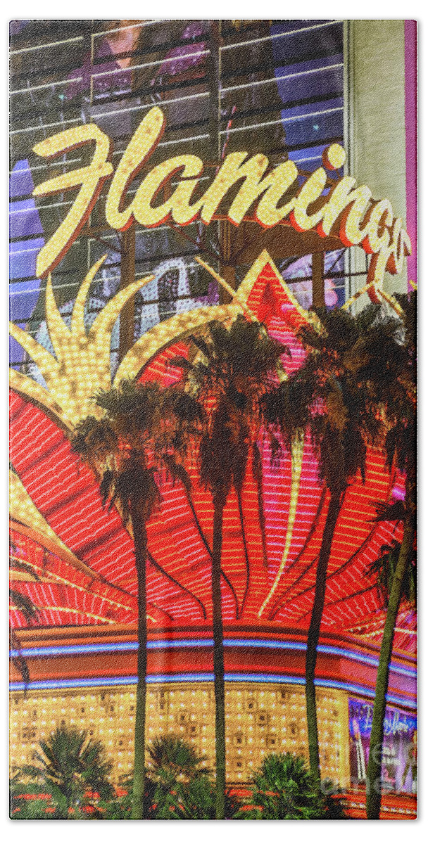 The Flamingo Neon Sign Hand Towel featuring the photograph The Flamingo Neon Sign and Palm Trees by Aloha Art
