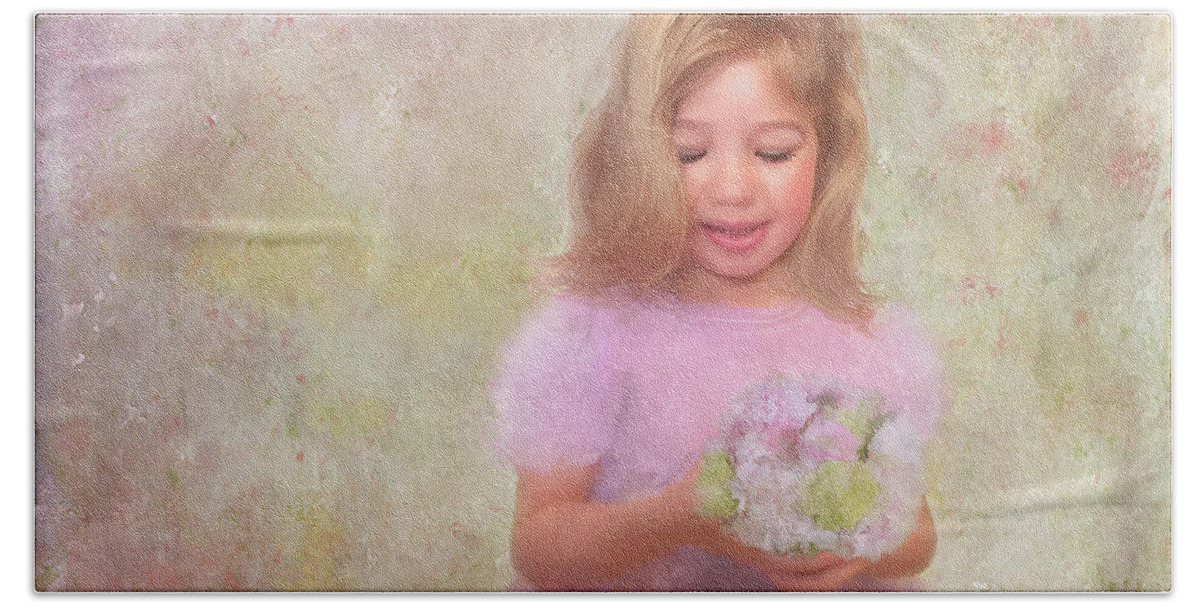 Children's Portraits Bath Towel featuring the mixed media The Flower Princess by Colleen Taylor
