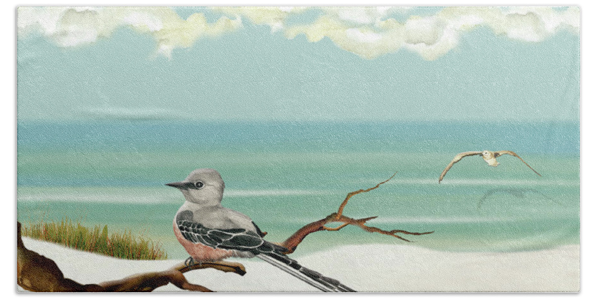 Ocean Hand Towel featuring the painting The Flycatcher by Anne Beverley-Stamps