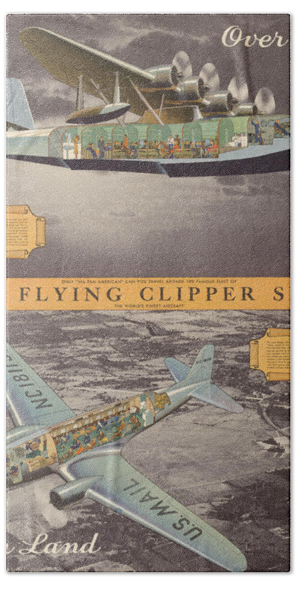 Pictorial Hand Towel featuring the mixed media The Flying Clipper Ships - Pan American Airways - Vintage Travel Advertising Poster by Studio Grafiikka