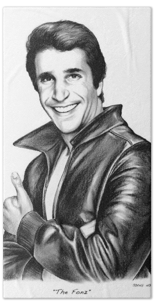Happy Days Hand Towel featuring the drawing The Fonz by Greg Joens
