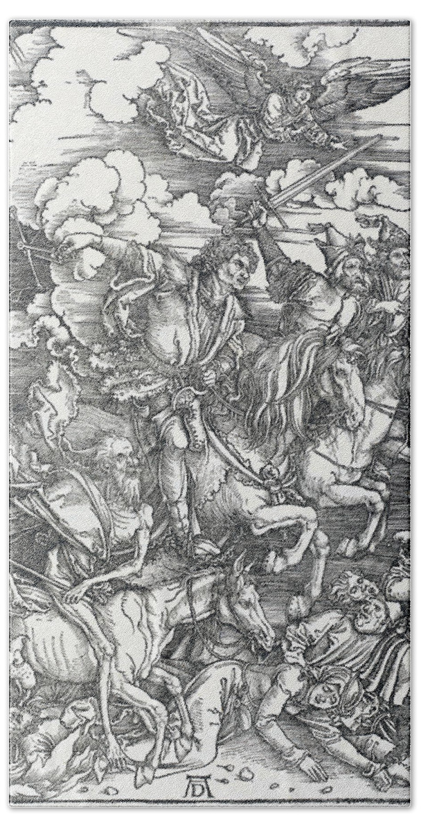 Durer Hand Towel featuring the drawing The Four Horsemen by Albrecht Durer