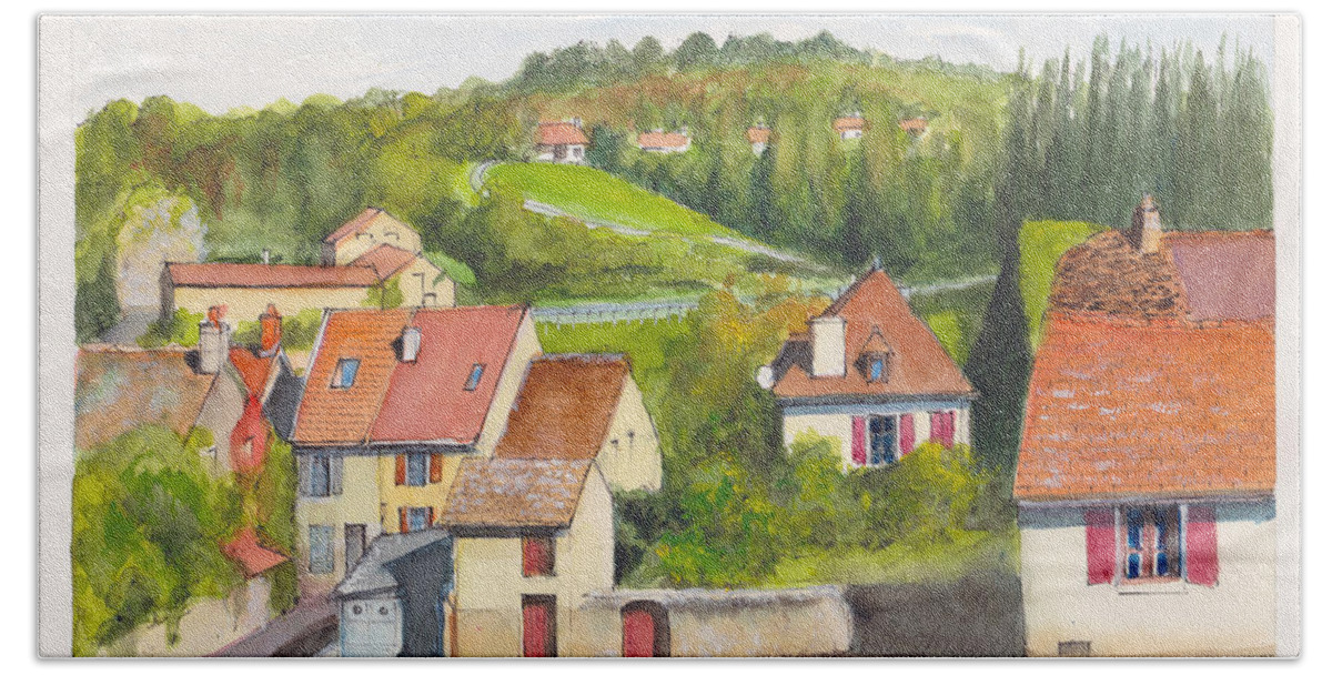France Bath Towel featuring the painting The French village of Billy in the Auvergne by Dai Wynn