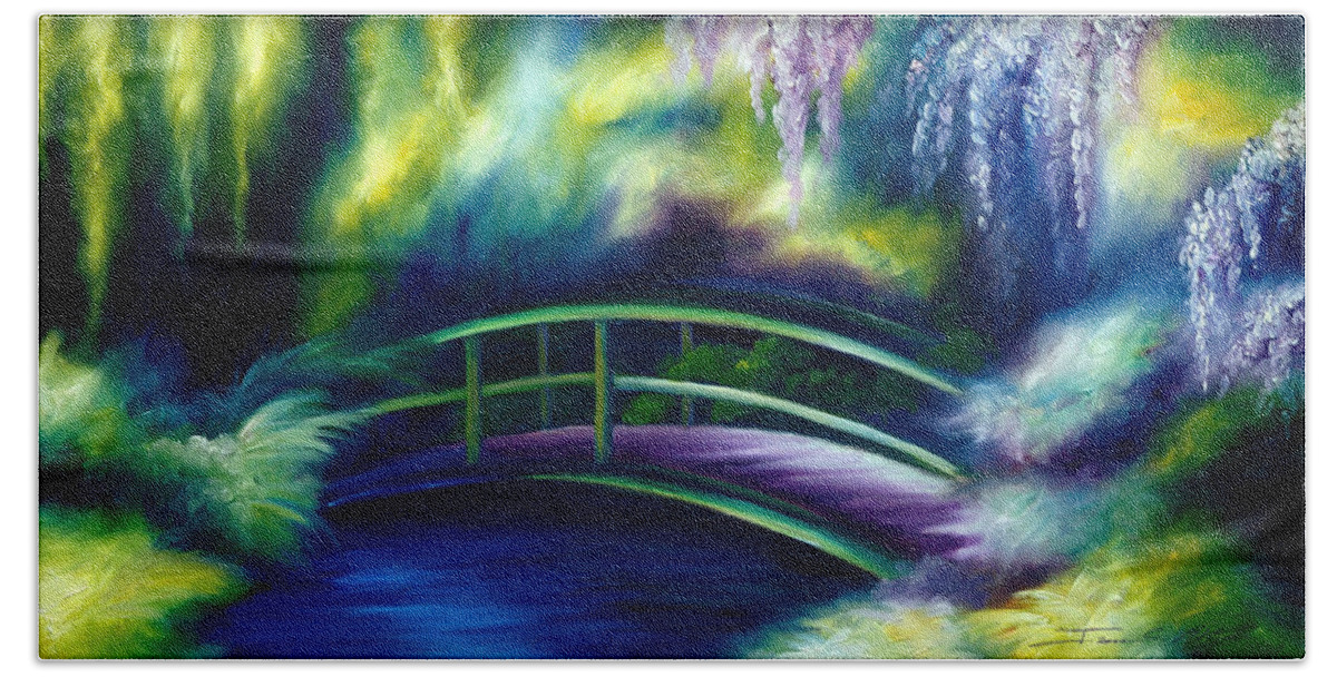Sunrise Bath Towel featuring the painting The Gardens of Givernia by James Hill