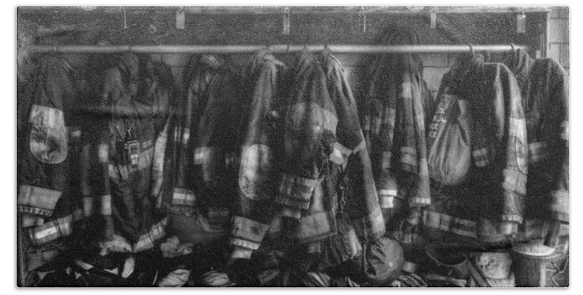 September 11 Bath Towel featuring the photograph The Gear of Heroes - Firemen - Fire Station by Lee Dos Santos