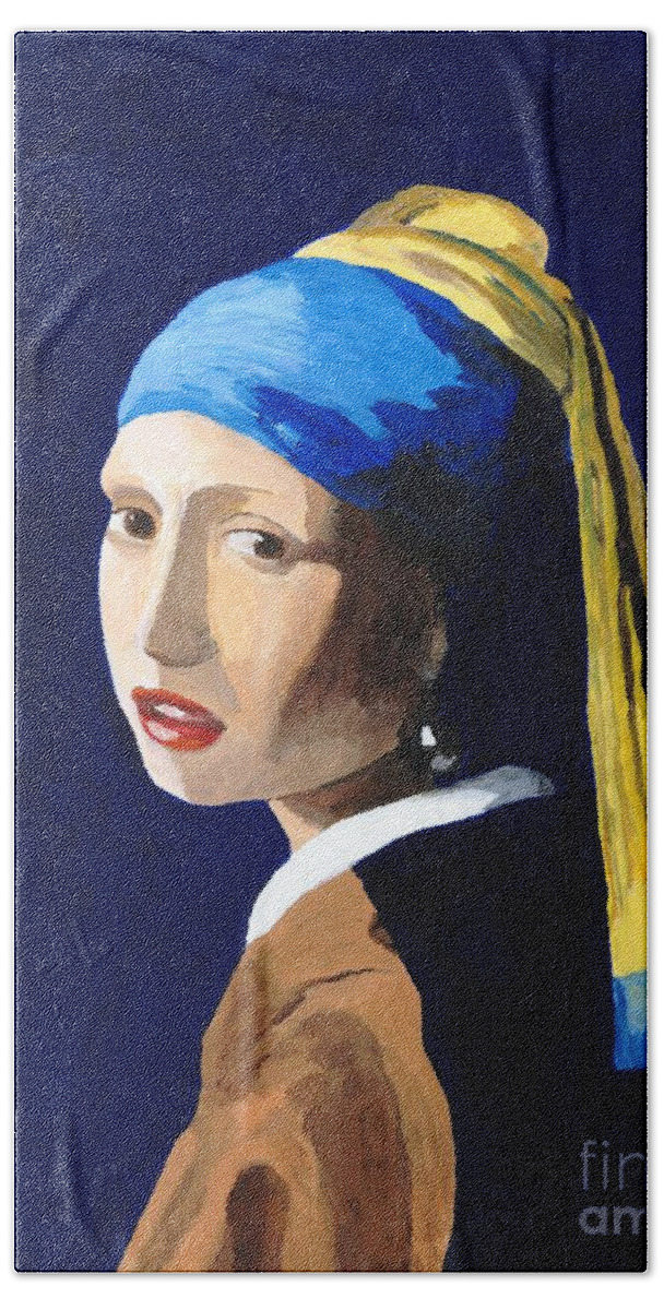 Vermeer Bath Towel featuring the painting The Girl with a Pearl Earring after Vermeer by Rodney Campbell