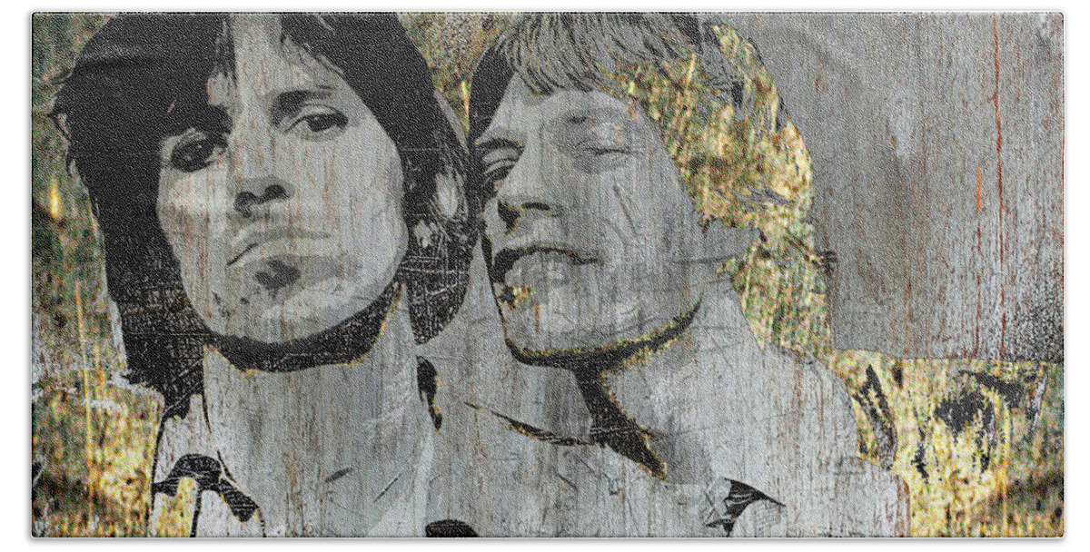 Rolling Bath Towel featuring the mixed media The Glimmer Twins Jagger Richards by Tony Rubino