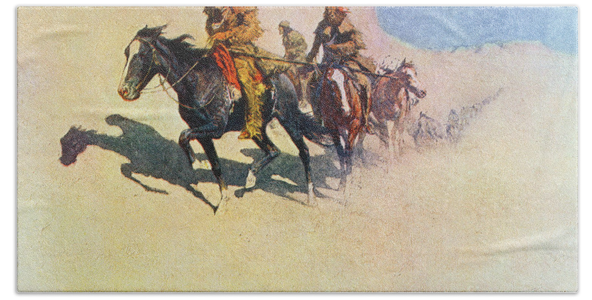 Remington Hand Towel featuring the painting The Great Explorers by Frederic Remington