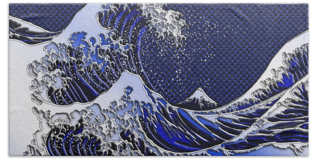 Wave Bath Towel featuring the digital art The Great Hokusai Wave chrome carbon fiber styles by Garaga Designs