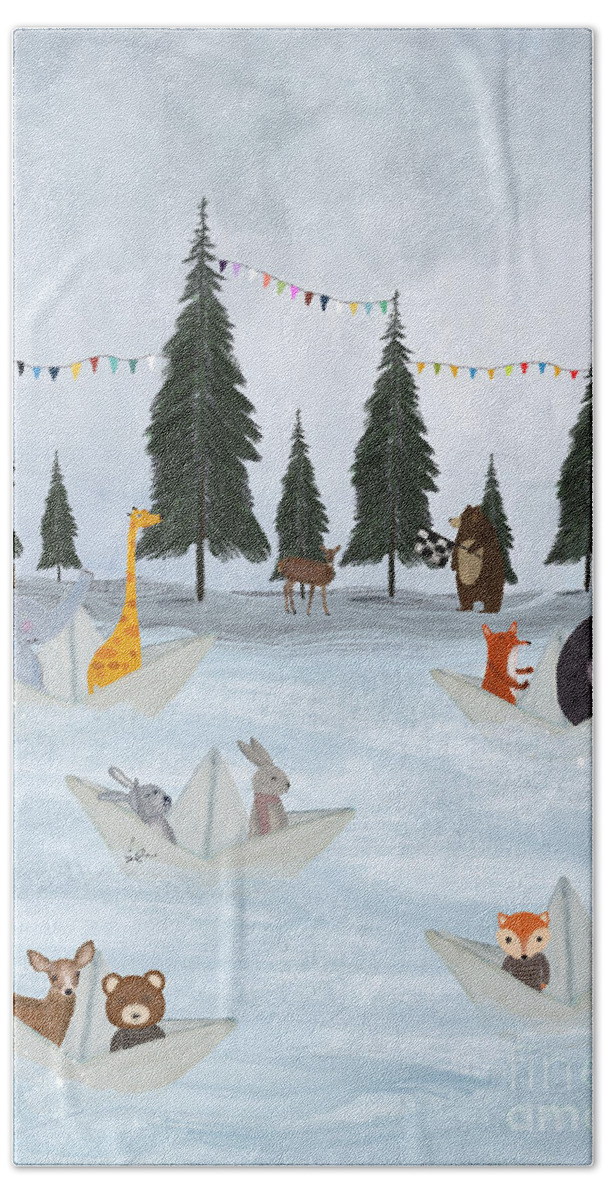 Woodland Bath Towel featuring the painting The Great Paper Boat Race by Bri Buckley