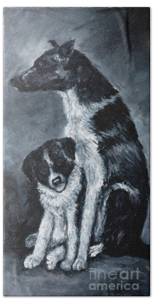 Dog And Puppy Bath Towel featuring the painting The Guardian by Deborah Smith