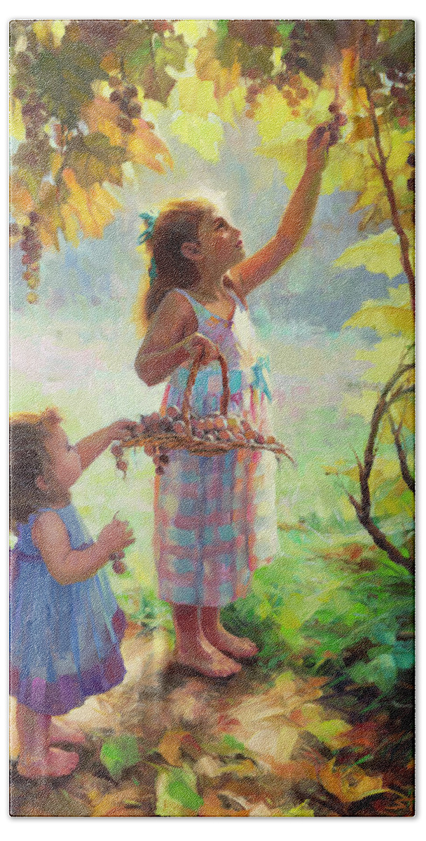 Vineyard Hand Towel featuring the painting The Harvesters by Steve Henderson