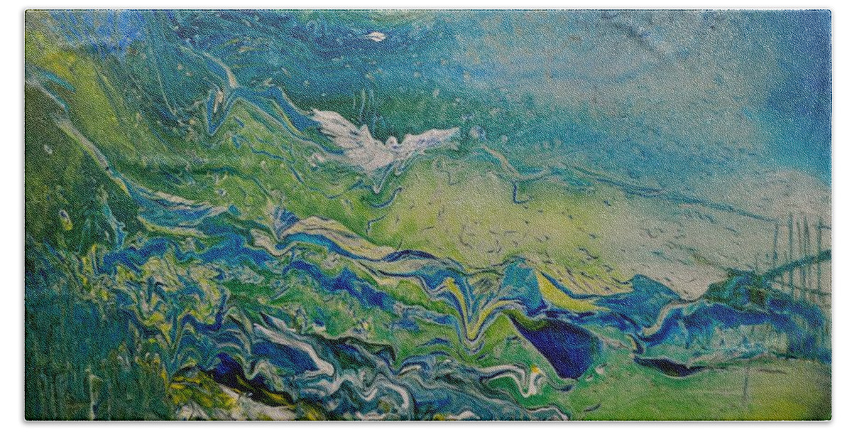 Acrylic Pour Bath Towel featuring the painting The Heavens And The Eart by Deborah Nell