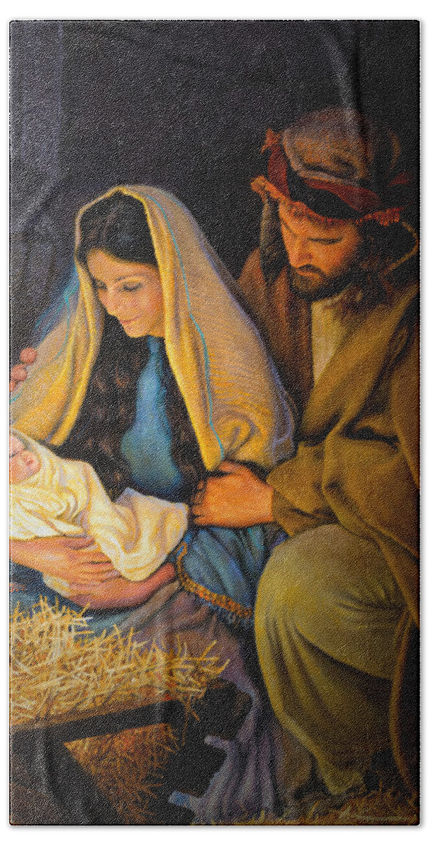 #faaAdWordsBest Bath Sheet featuring the painting The Holy Family by Greg Olsen