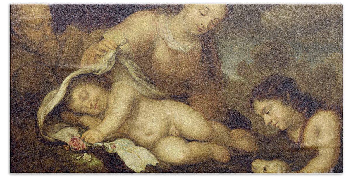 Virgin And Child Hand Towel featuring the painting The Holy Family with Infant Saint John the Baptist by Jurgen Ovens