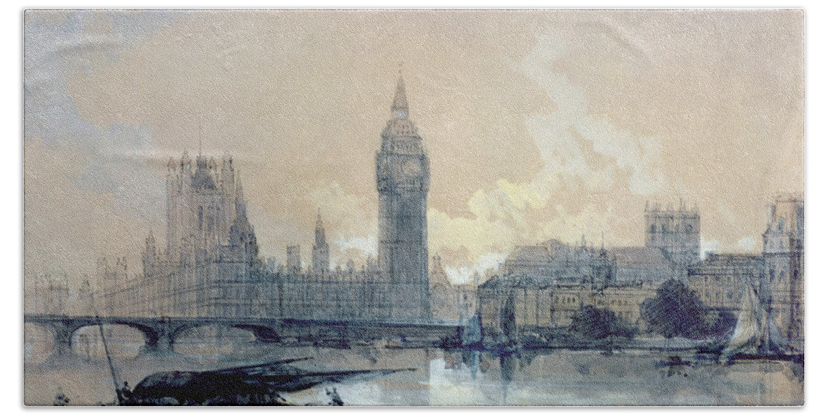 The Hand Towel featuring the painting The Houses of Parliament by David Roberts