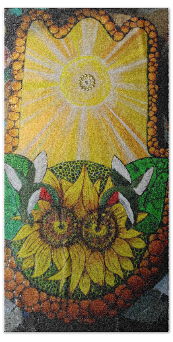 Sunflowers Hand Towel featuring the painting The HummerSun Hamsa by Patricia Arroyo