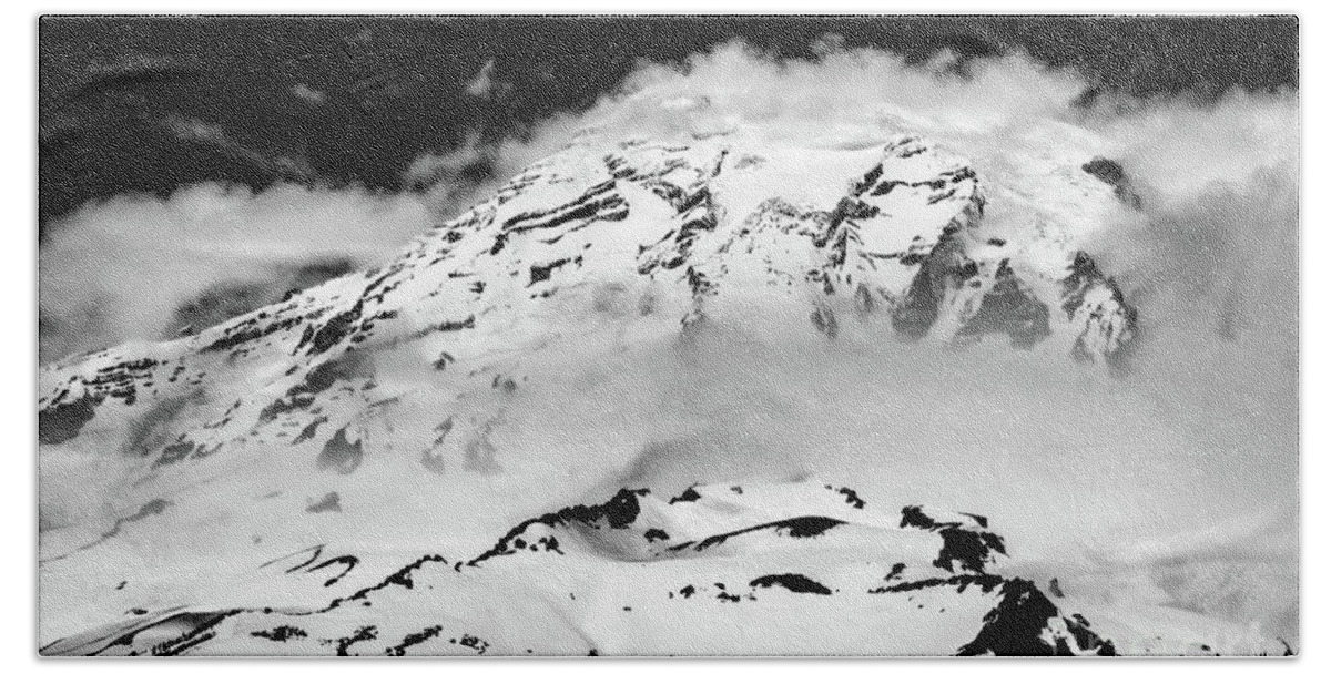 Mount Rainier Hand Towel featuring the photograph The Immovable Object, Black and White by Adam Morsa