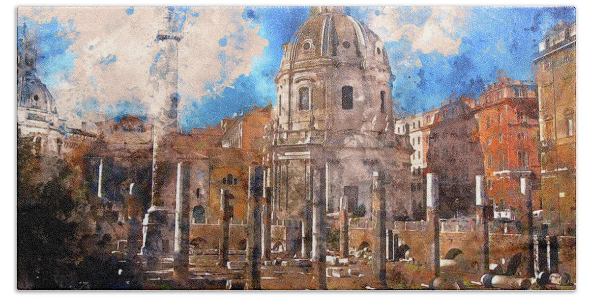 Rome Imperial Fora Bath Towel featuring the painting The Imperial Fora, Rome - 12 by AM FineArtPrints