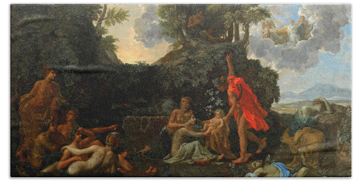 Nicolas Poussin Bath Towel featuring the painting The Infant Bacchus Entrusted to the Nymphs of Nysa. The Death of Echo and Narcissus by Nicolas Poussin