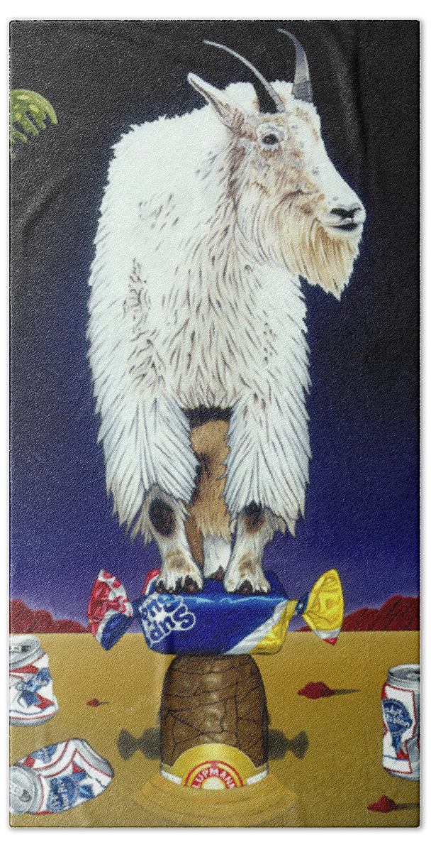Mountain Goat Bath Towel featuring the painting The Intoxicated Mountain Goat by Paxton Mobley