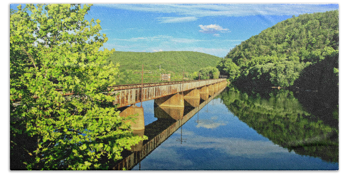 Train Tracks Bath Towel featuring the photograph The James River Trestle Bridge, Va by The James Roney Collection