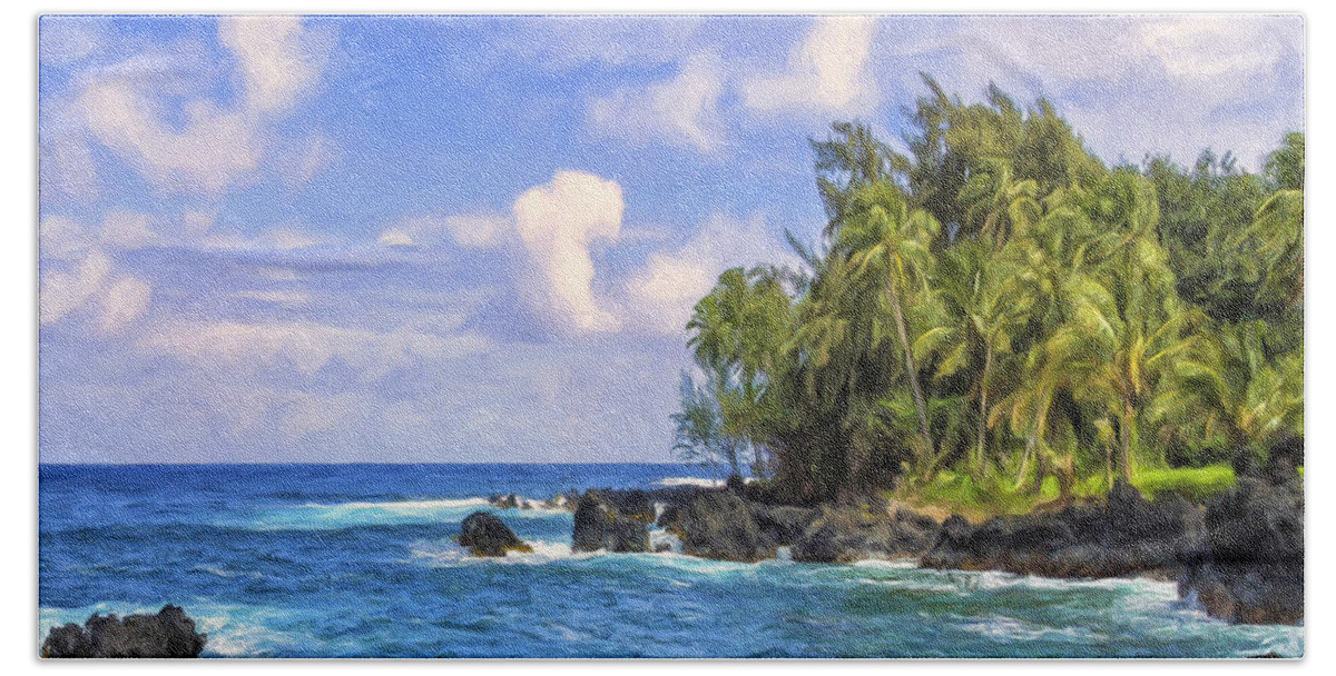 Bay Bath Towel featuring the painting The Ke'anae Peninsula Maui by Dominic Piperata