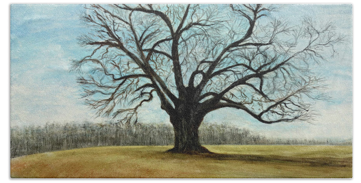 Landscape Bath Towel featuring the painting The Keeler Oak by Lyric Lucas