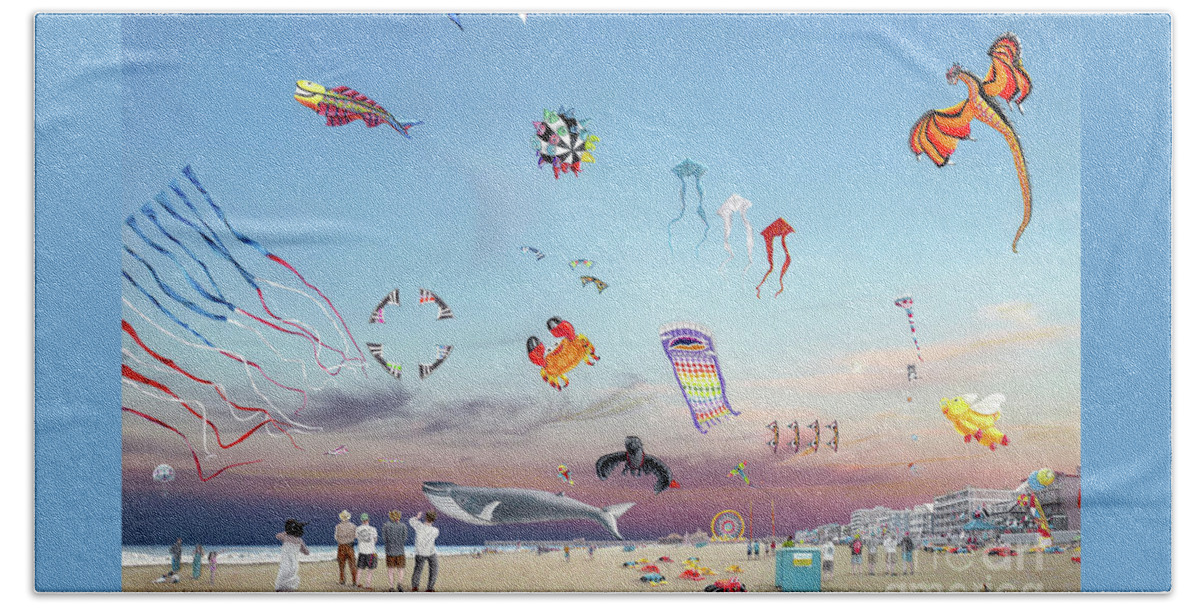 Kites Bath Towel featuring the drawing The Kite Festival Ocean City MD by Albert Puskaric