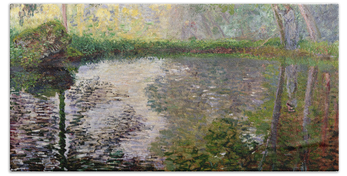 The Lake At Montgeron By Claude Monet (1840-1926) Bath Sheet featuring the painting The Lake at Montgeron by Claude Monet