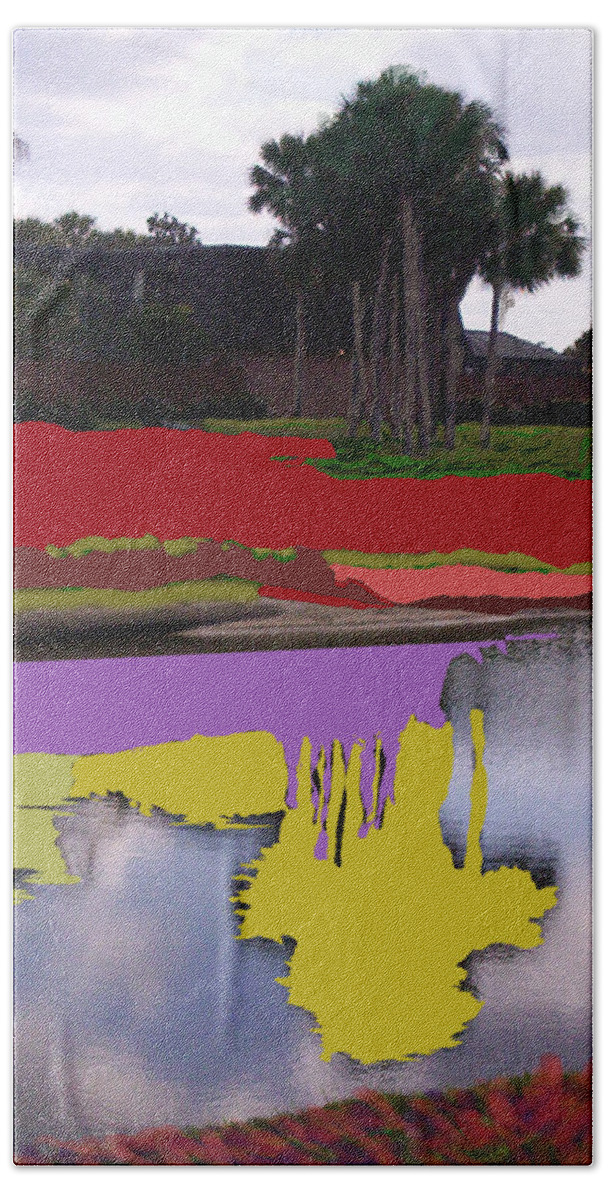 Nature Painted Photo Red Art Yellow Art Purple Art Hand Towel featuring the mixed media The Lake by Suzanne Udell Levinger