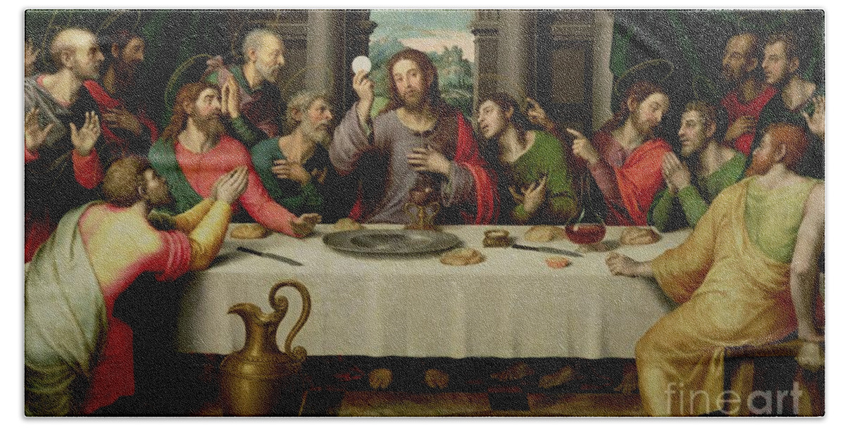 The Last Supper By Vicente Juan Macip Bath Sheet featuring the painting The Last Supper by Vicente Juan Macip
