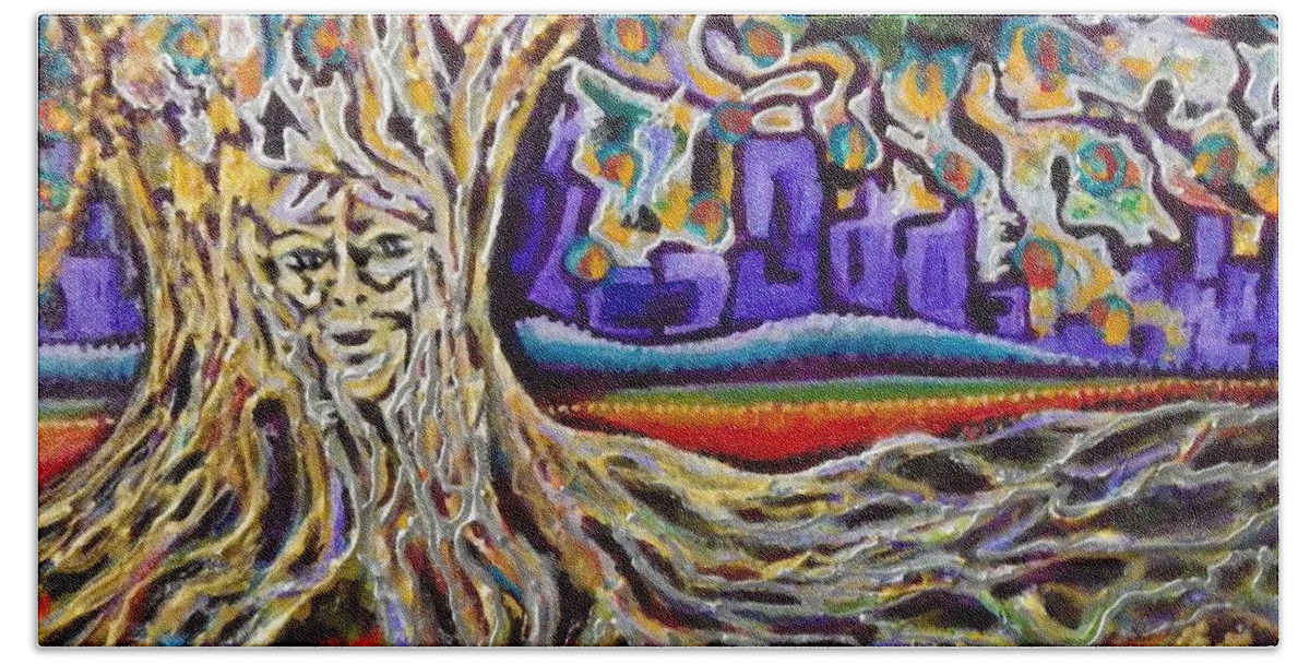 Tree Hand Towel featuring the painting The Last Tree in the City by Linda Markwardt
